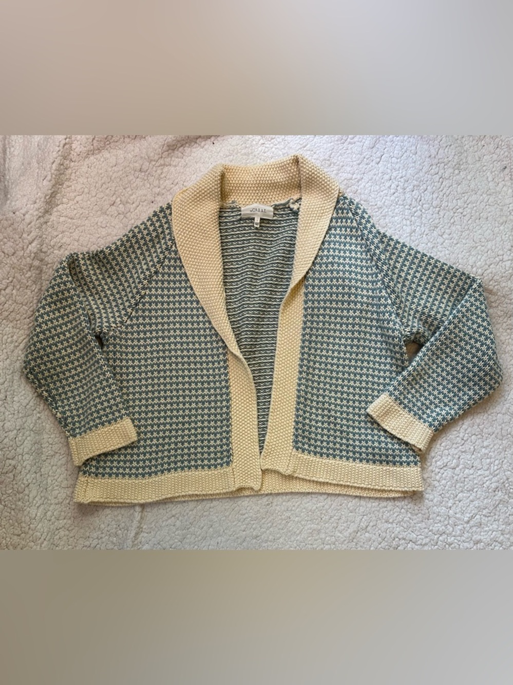 The Great The Lodge Cardigan Minicheck Open Front Knit Shawl Collar Sky Size 2
